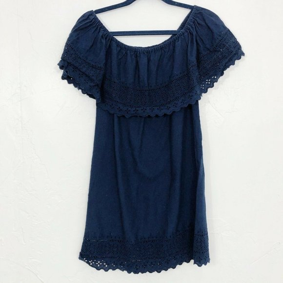 ASO Alexis Rose Schitts Creek -ASOS Navy Blue Off The Shoulder Eyelet Trim Dress - Picture 5 of 7